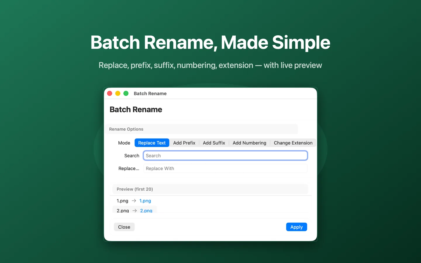 JoyClick batch rename window showing text replacement and a live preview