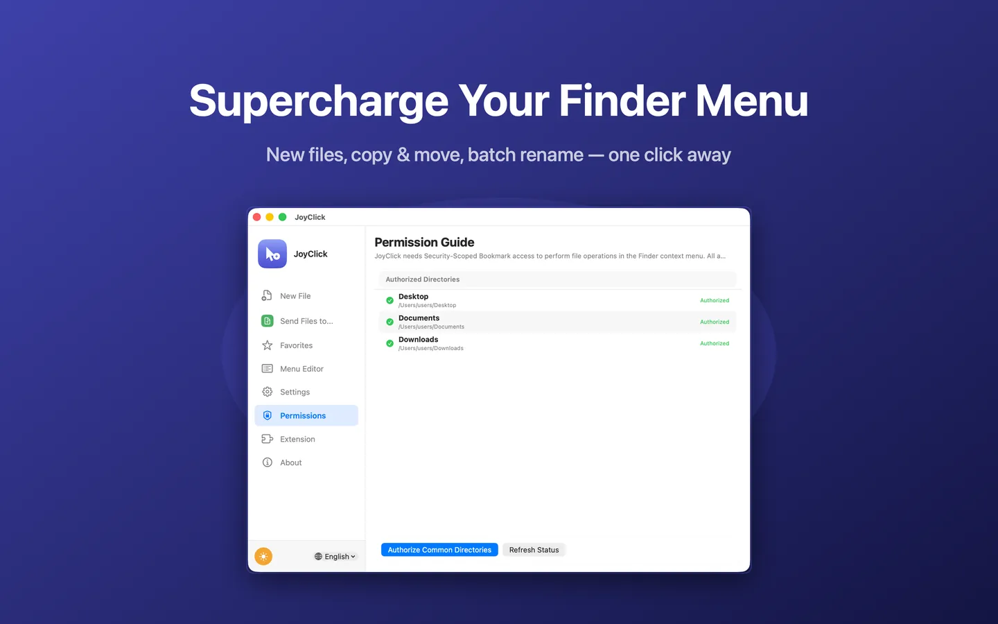 JoyClick for Mac showing the permission guide for authorized folders
